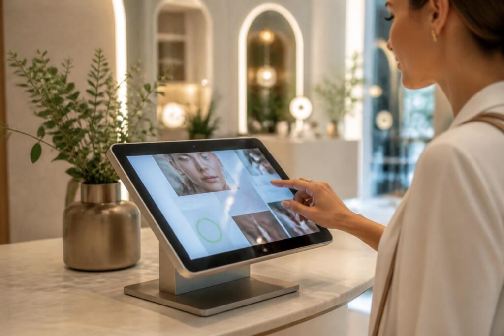 découvrez le kiosque « diagnostic peau » : une expérience de luxe interactive sur tablette tactile microsoft, alliant technologie avancée et soins personnalisés pour une peau parfaite.