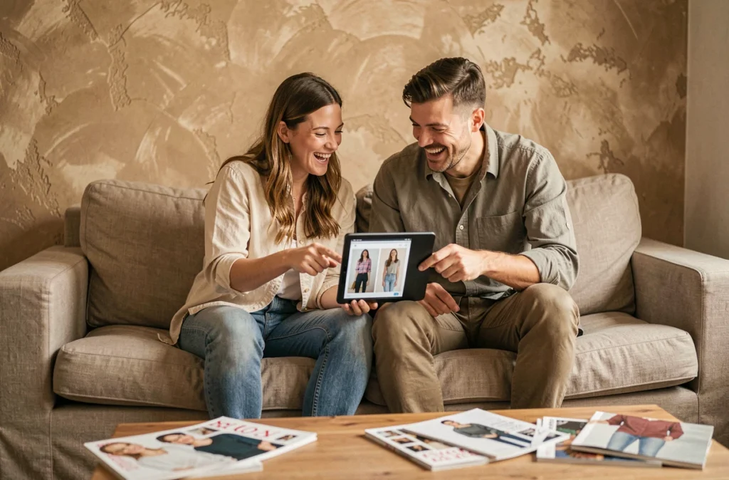 Deux amis riant ensemble en découvrant des inspirations mode sur une tablette dans un salon cosy