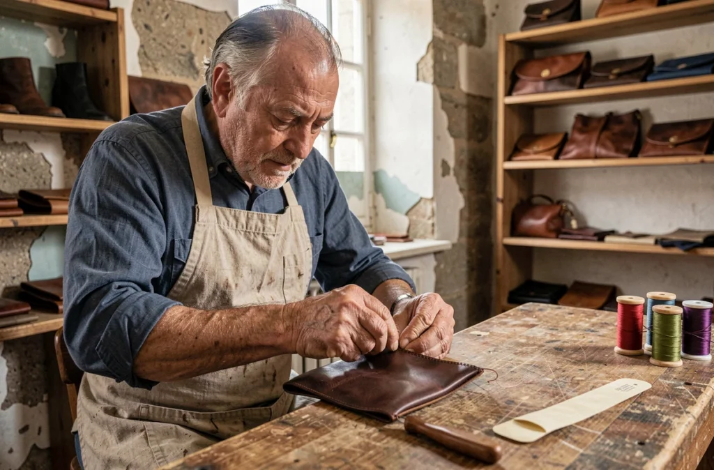 Artisan français cousant à la main une pochette en cuir pour homme dans un atelier de maroquinerie à Lyon