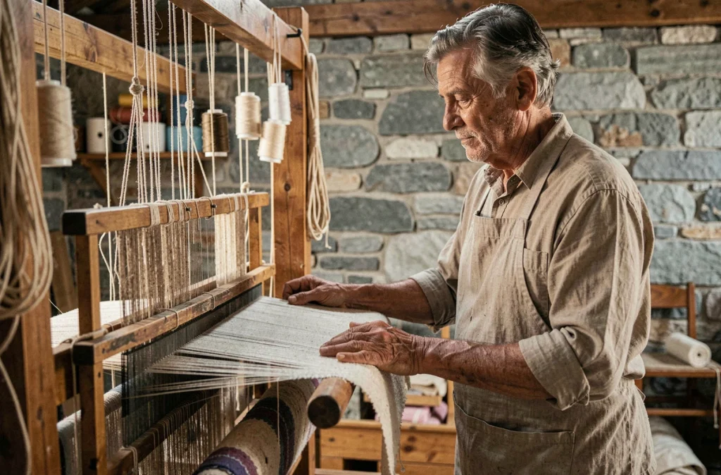 Artisan âgé inspectant un tissu en pashmina brut sur un métier à tisser en bois dans un atelier traditionnel aux murs en pierre