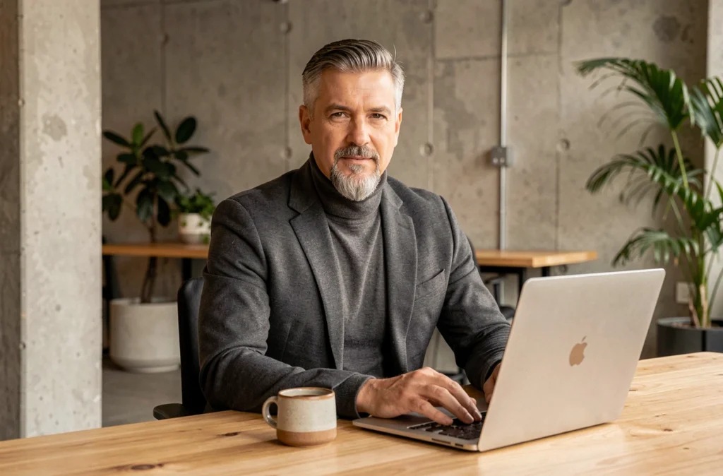 Homme professionnel avec barbichette grisonnante assis à un bureau minimaliste en blazer gris