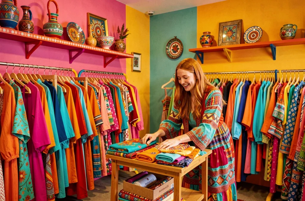 Boutique Antoine et Lili avec ses portants colorés en fuchsia et orange et une femme arrangeant des foulards