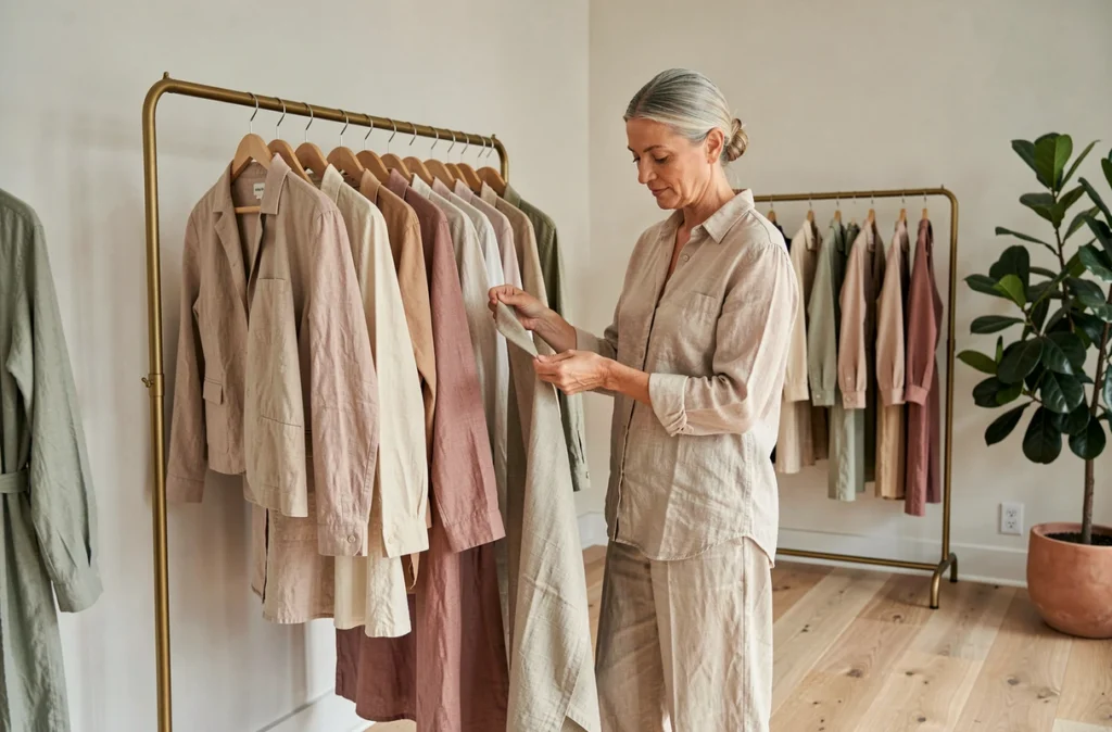 Boutique Avril avec une femme élégante en lin naturel examinant un tissu dans un intérieur minimaliste aux tons terreux