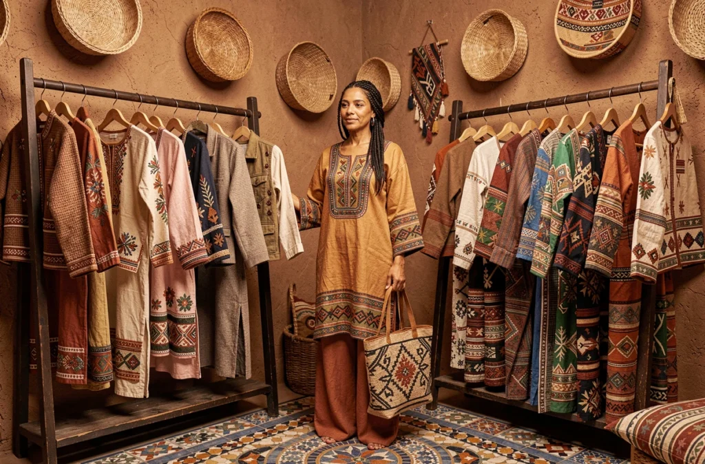Boutique Basic Ethnic avec une femme en tenue brodée entourée de vêtements artisanaux et de décorations en osier