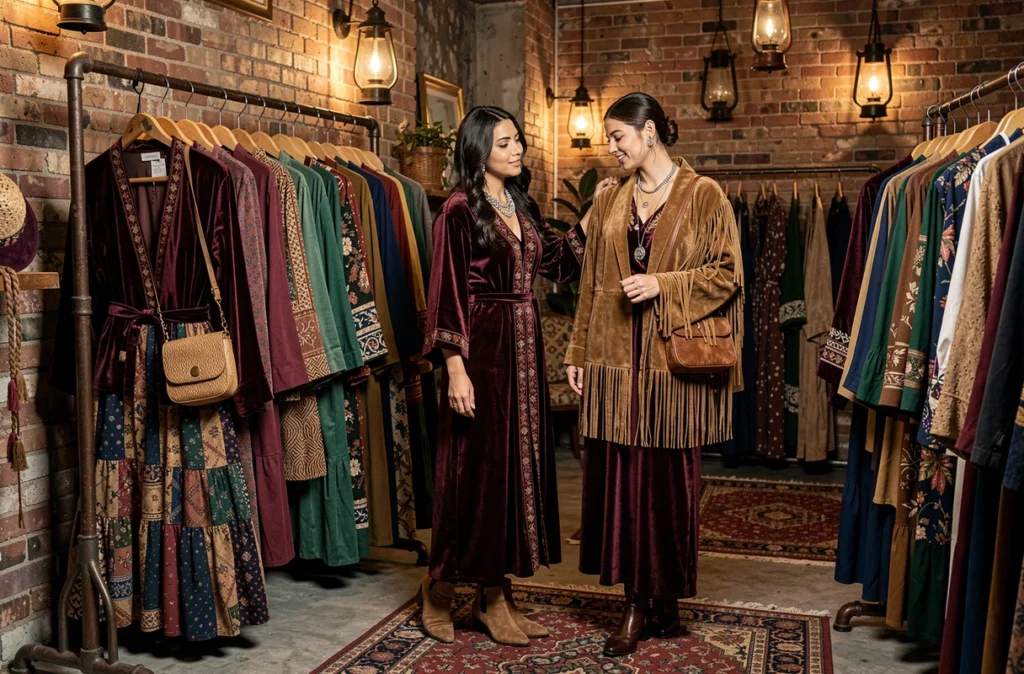 Boutique Bohmen avec une femme en robe velours et bijoux argentés examinant une veste à franges dans un espace éclectique