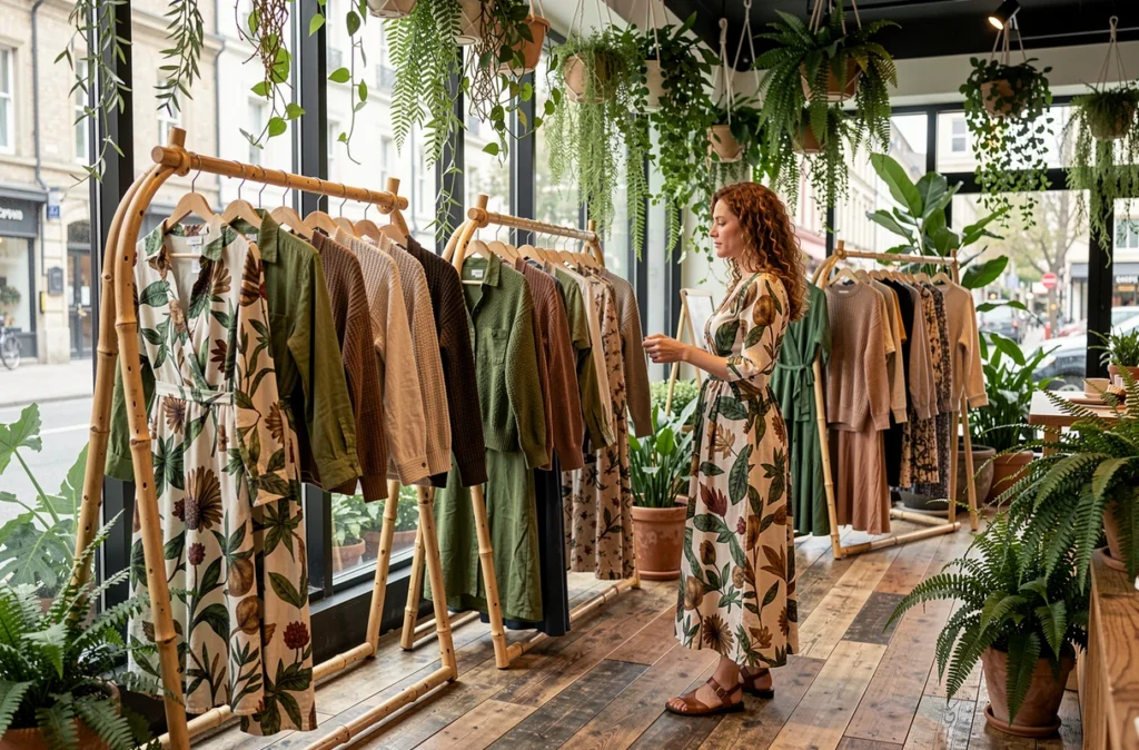 Boutique L'Effet Canopée avec une femme en robe à imprimé botanique entourée de plantes suspendues et de bois brut