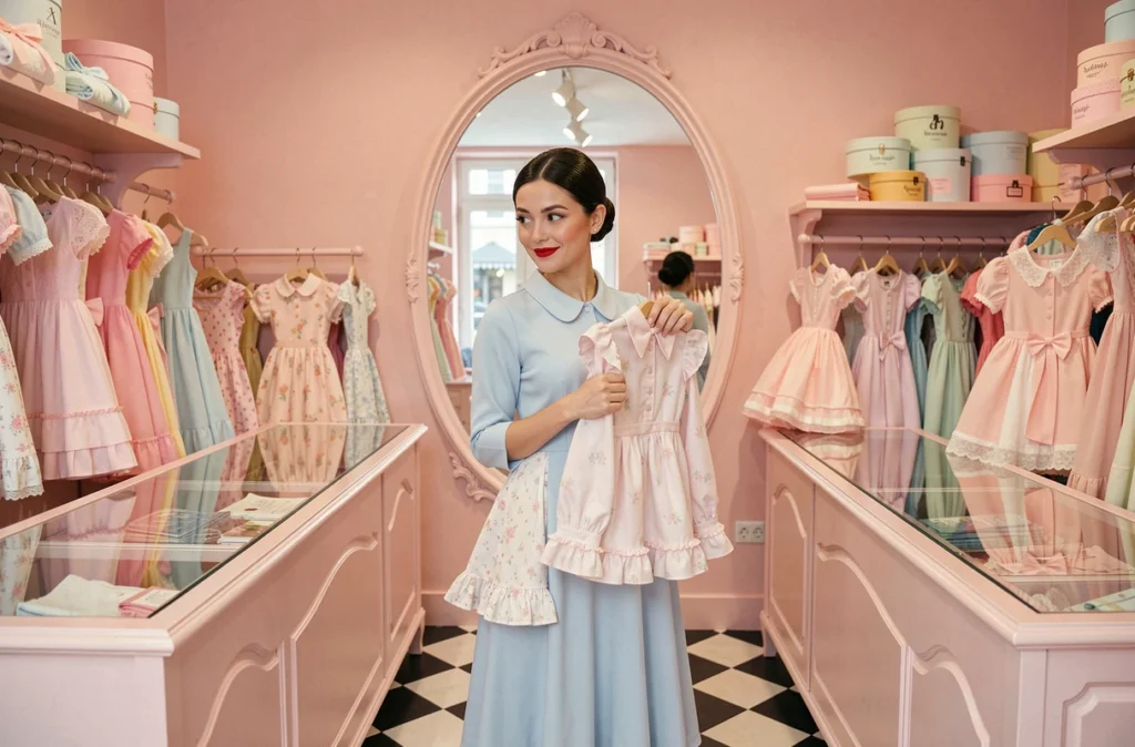 Boutique Les Poupées avec une femme en robe bleu pâle à col claudine devant un miroir vintage dans un décor rose poudré