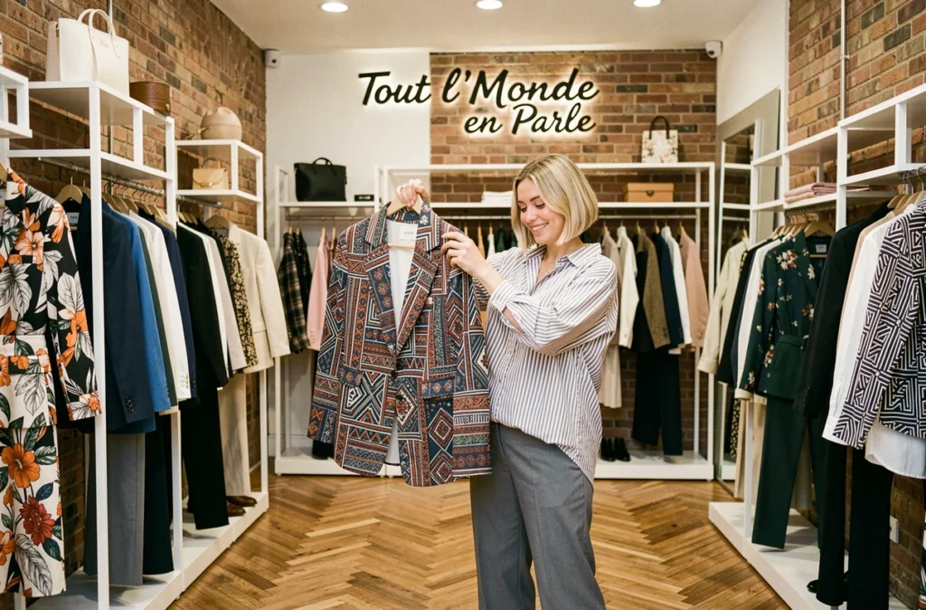 Boutique Tout l'Monde en Parle avec une femme souriante tenant une veste à motifs dans un intérieur contemporain