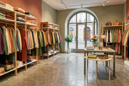 Intérieur d'une boutique de prêt-à-porter féminin dans le Rhône avec des portants colorés et une grande fenêtre en arche