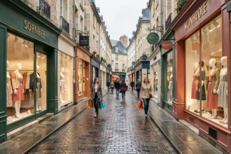 Rue commerçante normande avec boutiques de prêt-à-porter féminin en Seine-Maritime