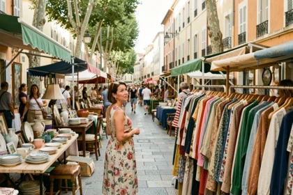 Femme qui fait du shopping à la grande braderie de Montpellier parmi des stands de vêtements vintage en 2026