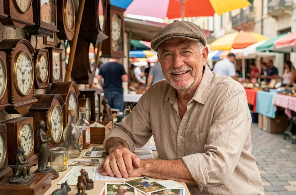 Portrait d'un vendeur de brocante derrière son stand d'antiquités lors de la braderie de Montpellier 2026