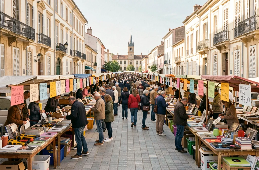 Vue panoramique de la grande braderie de Montpellier avec des dizaines de stands et une foule animée en 2026