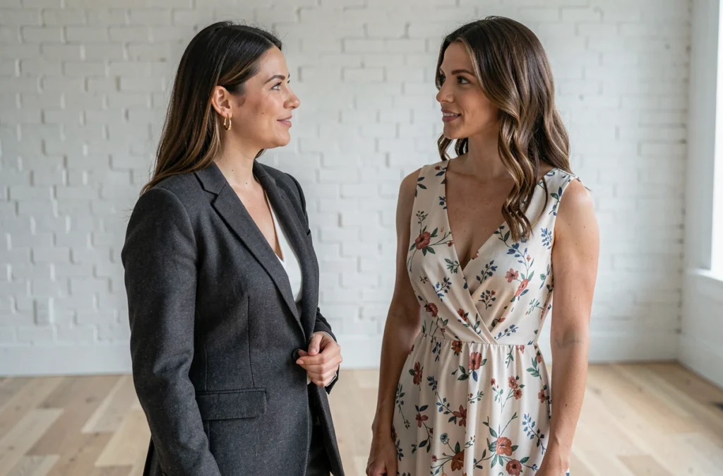 Comparaison entre tailleur et robe longue pour mariage, deux femmes côte à côte illustrant différentes morphologies