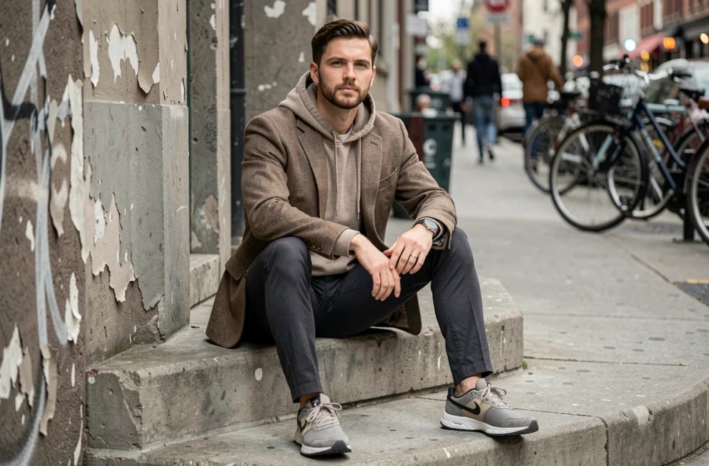 Homme élégant en tenue drip fashion abordable avec superposition de vêtements dans un quartier urbain