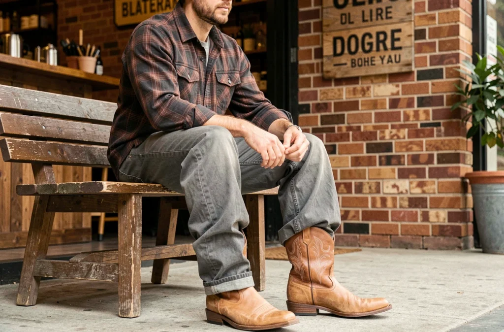 Homme assis portant des bottes cowboy western sous un pantalon trop large, montrant une erreur de style qui alourdit la silhouette masculine