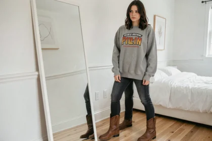 Femme devant un miroir portant des bottes western cowboys avec un jean slim mal ajusté, illustrant une erreur de style courante qui raccourcit la silhouette