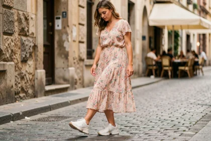 Femme en robe fleurie midi portant des sneakers blanches épaisses, exemple d'erreur de style chaussures et robe