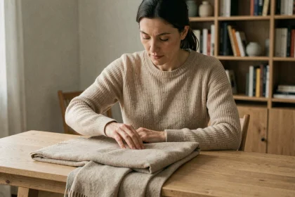 Femme comparant la texture d'un pull en cachemire et d'un châle en pashmina posés sur une table en bois dans un intérieur minimaliste