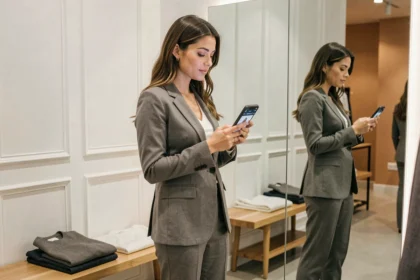 Femme élégante consultant un site de mode sur smartphone devant un miroir en cabine d'essayage moderne