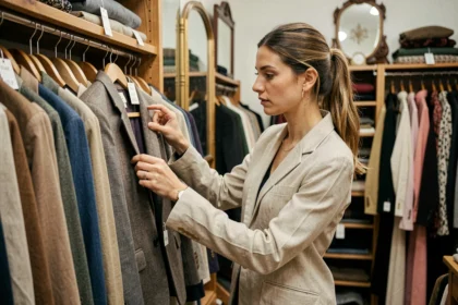 Femme parcourant les vêtements de marque dans une friperie vintage bien organisée