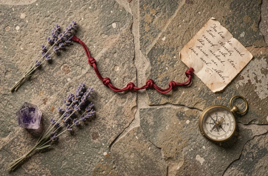 Fil rouge à 7 nœuds disposé en flat lay avec cristaux, lavande et objets symboliques pour rituel spirituel