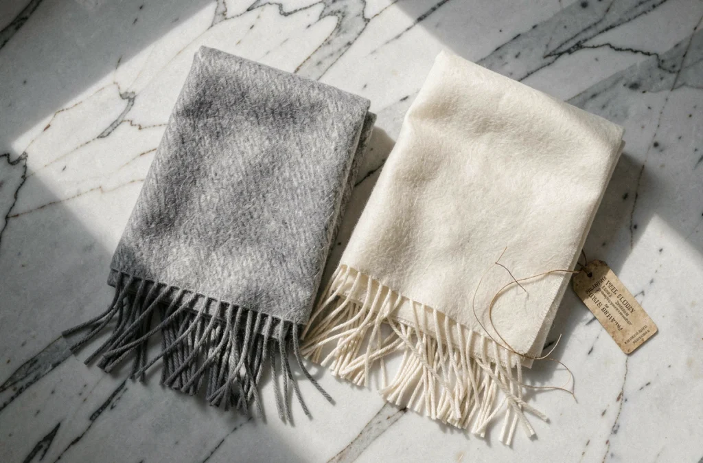 Comparaison en flat-lay d'une écharpe en cachemire gris et d'un châle en pashmina ivoire posés sur du marbre blanc avec étiquettes textiles