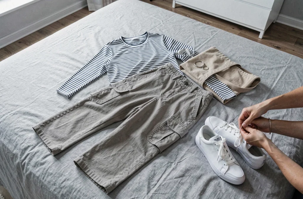 Flat lay de tenue drip fashion minimaliste et économique sur un drap en lin pour inspiration style du quotidien