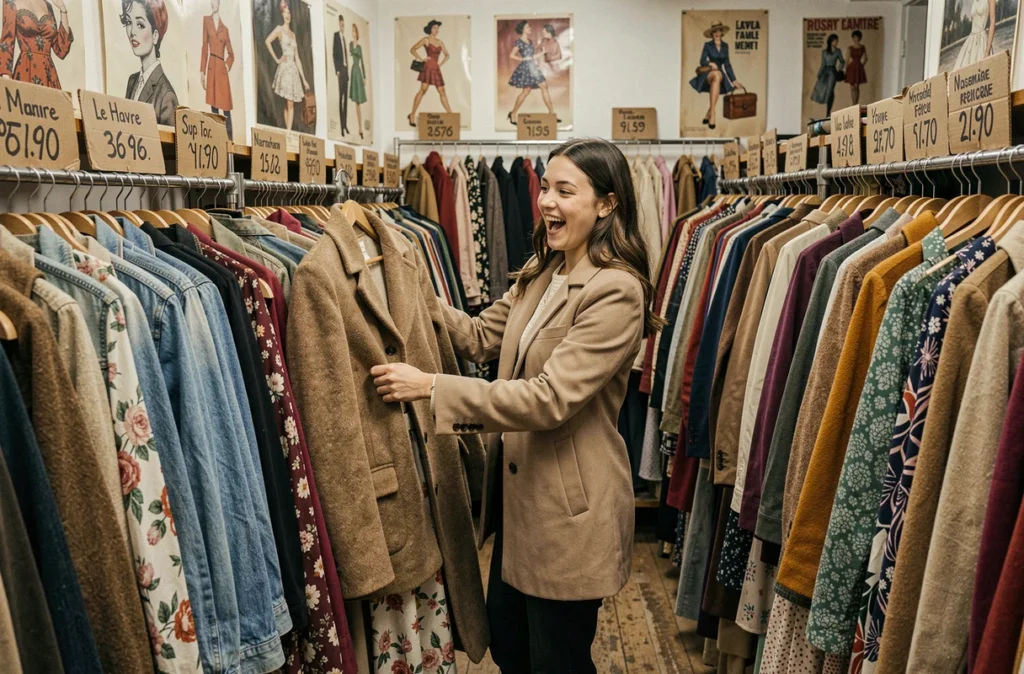 Frip'Havraise, friperie de mode féminine au Havre avec racks de vêtements vintage