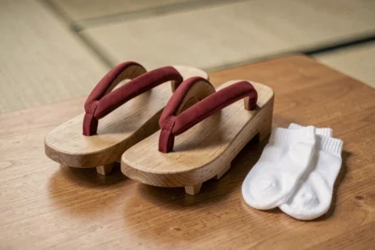 Paire de geta traditionnels japonais pour enfant en bois naturel avec sangle rouge, posés sur une surface en bois avec des tabi blancs