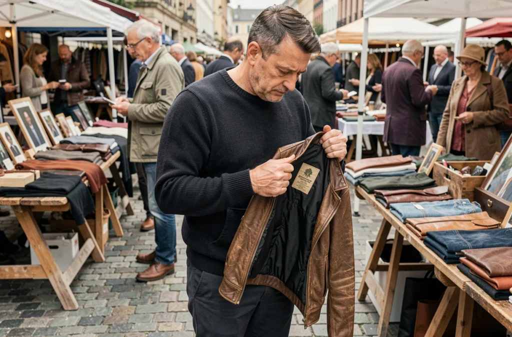 Homme inspectant l'étiquette d'une veste de marque vintage dans un marché aux puces en plein air