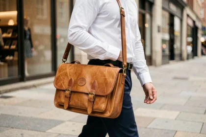 Homme élégant en ville portant une sacoche en cuir tan structurée avec quincaillerie dorée, allure urbaine contemporaine