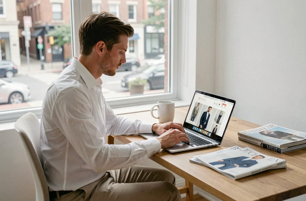 Homme en tenue smart casual parcourant un site de conseils mode sur un ordinateur portable dans un bureau minimaliste