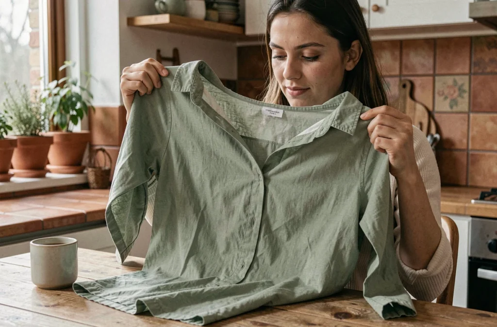 Jeune femme examinant la qualité des coutures d'une robe en coton vert sauge à la maison, guide pour choisir une robe durable