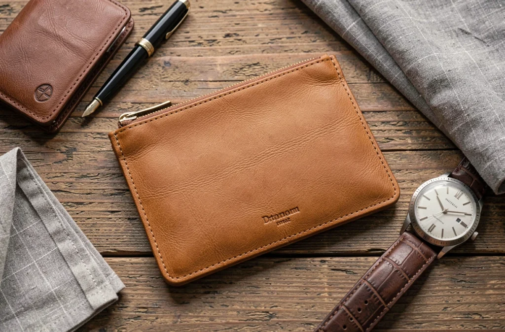 Pochette en cuir pour homme made in France posée sur un bureau en chêne avec accessoires élégants