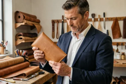 Homme élégant tenant une pochette en cuir made in France dans un atelier parisien de maroquinerie