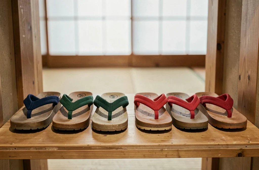 Rangée de plusieurs paires de geta pour enfants de différentes pointures sur une étagère à chaussures japonaise traditionnelle