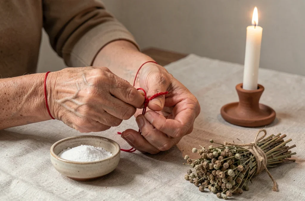 Rituel de consécration d'un bracelet fil rouge 7 nœuds, mains féminines nouant le bracelet sur un poignet avec objets rituels
