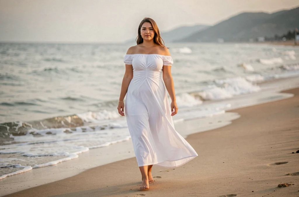 Femme grande taille en robe blanche longue marchant sur la plage, silhouette valorisée dans une tenue estivale