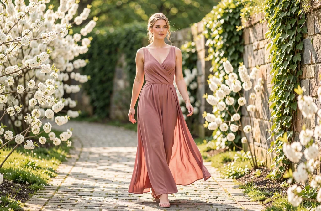 Femme en robe longue rose fluide marchant dans un jardin fleuri, tenue idéale pour un mariage en plein air