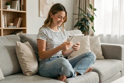 Femme faisant ses achats sur la boutique Kiabi en ligne depuis son canapé avec une tablette