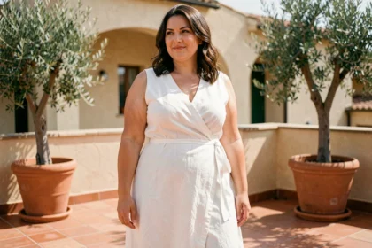 Femme grande taille en robe blanche fluide sur une terrasse méditerranéenne, silhouette élégante et naturelle