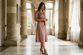 Femme invitée à un mariage portant une robe midi rose nude élégante dans un château français