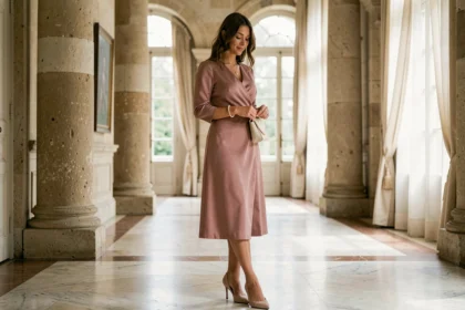 Femme invitée à un mariage portant une robe midi rose nude élégante dans un château français