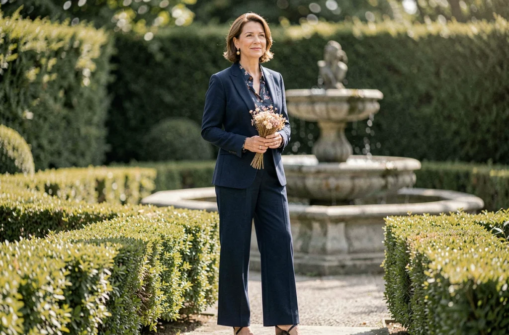 Invitée de mariage en costume pantalon bleu marine élégant dans un jardin fleuri