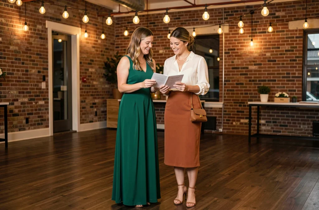 Deux femmes invitées à un mariage en tenues élégantes dans un lieu de réception urbain moderne